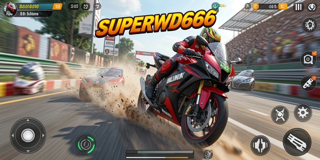 Tampilan gameplay balapan motor yang mendebarkan dan penuh aksi.