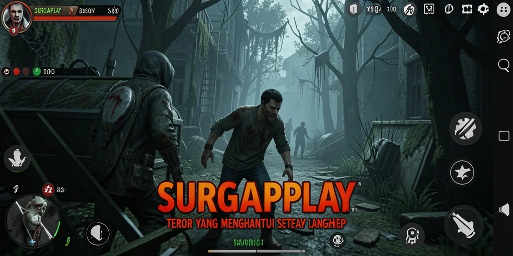Screenshot SURGAPLAY menunjukkan momen menegangkan dalam suasana gelap dan menyeramkan.